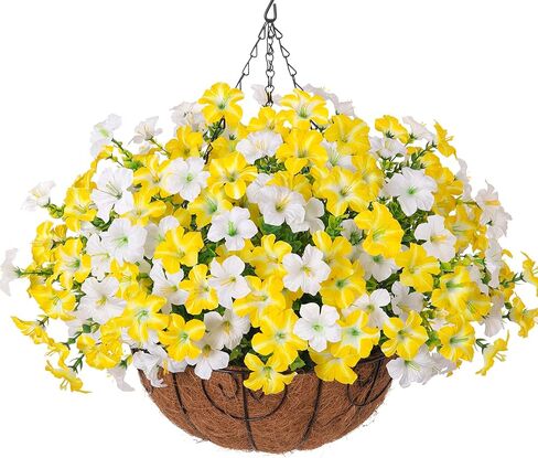 inspring الزهور الاصطناعية في الهواء الطلق سلال معلقة النباتات الاصطناعية الديكور الربيع، مقاومة للأشعة فوق البنفسجية وهمية الحرير مجد الصباح في زارع تبدو زهور البتونيا الحقيقية للفناء الخارجي شرفة حديقة المنزل، 6Mix in Kuwait