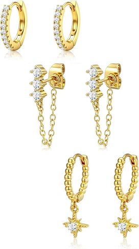 3 Pairs 14K Gold Plated Stud Hoop Earring Stacks for Women Trendy Chain Dangle Hoop Earrings Set Helix Cartilage Huggie Earrings for Multiple Piercing in Saudi Arabia