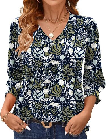 AKEWEI 3/4 Length Sleeve Womens Tops Summer Fashion V Neck Business Casual Blouses Smocked Shirts in Kuwait