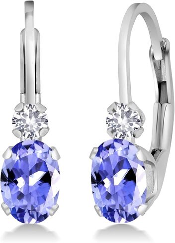Gem Stone King 14K White Gold Blue Tanzanite and White Created Sapphire Leverback Earrings For Women | 0.98 Cttw | Gemstone December Birthstone | Oval 6X4MM, Round 2MM | 3/4 Inch in Saudi Arabia