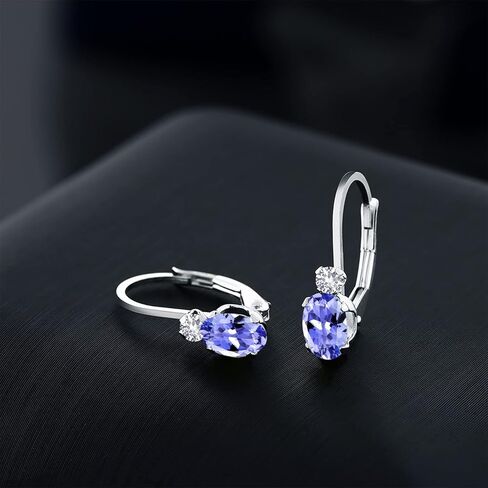 Gem Stone King 14K White Gold Blue Tanzanite and White Created Sapphire Leverback Earrings For Women | 0.98 Cttw | Gemstone December Birthstone | Oval 6X4MM, Round 2MM | 3/4 Inch in Saudi Arabia
