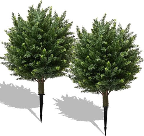 28" Artificial Boxwood Topiary Ball Trees with Ground Spike for Outdoor,Set of 2 UV Resistant Artificial Shrub Bushes,Artificial Plants,Fake Boxwood Plants for Indoor, Garden, Yard,Patio Décor in Saudi Arabia