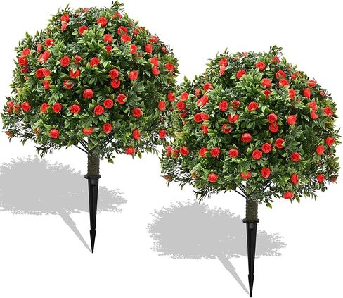 28" Artificial Boxwood Topiary Ball Trees with Ground Spike for Outdoor,Set of 2 UV Resistant Artificial Shrub Bushes,Artificial Plants,Fake Boxwood Plants for Indoor, Garden, Yard,Patio Décor in Saudi Arabia