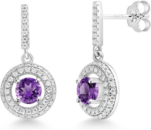 Gem Stone King Halo Drop Dangle Earrings For Women | 925 Sterling Silver | Gemstone Birthstone and White Moissanite | Round 5MM | Fine Jewelry for Her Mom Women Wife in Saudi Arabia
