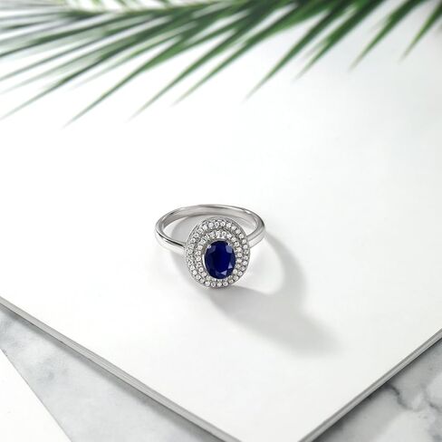 Gem Stone King 925 Sterling Silver 8X6MM Oval Gemstone Birthstone Double Halo Engagement Ring | Wedding Anniversary Promise Ring For Women | Size 5,6,7,8,9 in Saudi Arabia