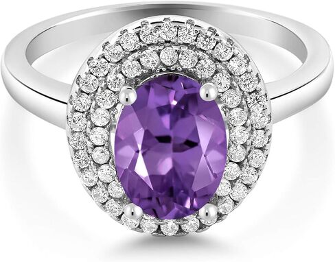 Gem Stone King 925 Sterling Silver 8X6MM Oval Gemstone Birthstone Double Halo Engagement Ring | Wedding Anniversary Promise Ring For Women | Size 5,6,7,8,9 in Saudi Arabia