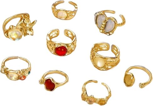 Chunky Gold Stackable Ring Set, Boho Gemstone and Crystal Adjustable Rings, Vintage-Inspired Interchangeable Jewelry for Daily Wear and Bold Party Statements. in Kuwait