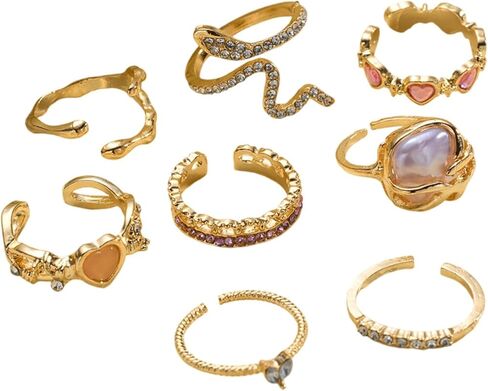 Chunky Gold Stackable Ring Set, Boho Gemstone and Crystal Adjustable Rings, Vintage-Inspired Interchangeable Jewelry for Daily Wear and Bold Party Statements. in Kuwait
