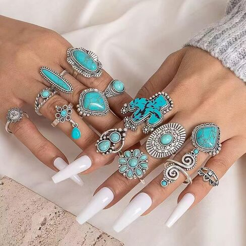 14-Piece Bohemian Style Turquoise Cactus Carved Adjustable Ring Set, Vintage Southwestern Artisan Jewelry Collection for Women, Multi-Occasion Year-Round Wear & Complete Gift Idea in Saudi Arabia