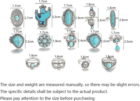 14-Piece Bohemian Style Turquoise Cactus Carved Adjustable Ring Set, Vintage Southwestern Artisan Jewelry Collection for Women, Multi-Occasion Year-Round Wear & Complete Gift Idea in Saudi Arabia