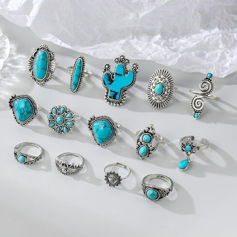 14-Piece Bohemian Style Turquoise Cactus Carved Adjustable Ring Set, Vintage Southwestern Artisan Jewelry Collection for Women, Multi-Occasion Year-Round Wear & Complete Gift Idea in Saudi Arabia