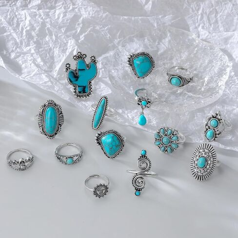14-Piece Bohemian Style Turquoise Cactus Carved Adjustable Ring Set, Vintage Southwestern Artisan Jewelry Collection for Women, Multi-Occasion Year-Round Wear & Complete Gift Idea in Saudi Arabia