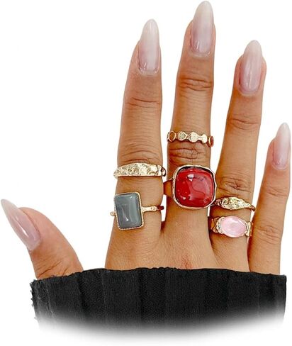 Chunky Gold Stackable Statement Finger Rings Red Gemstone Candy Crystal Knuckle Ring for Women Vintage Ellipse Midi Rings Fashion Prom Party Accessory in Saudi Arabia