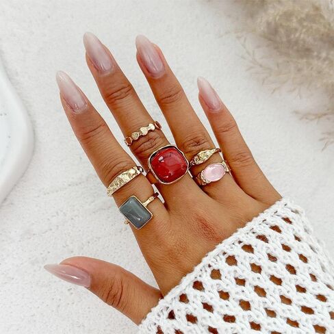 Chunky Gold Stackable Statement Finger Rings Red Gemstone Candy Crystal Knuckle Ring for Women Vintage Ellipse Midi Rings Fashion Prom Party Accessory in Saudi Arabia