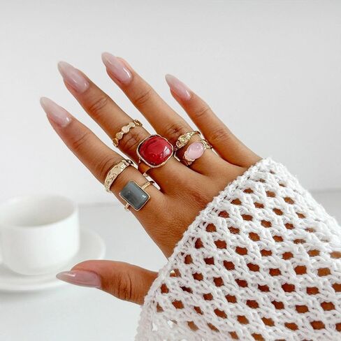 Chunky Gold Stackable Statement Finger Rings Red Gemstone Candy Crystal Knuckle Ring for Women Vintage Ellipse Midi Rings Fashion Prom Party Accessory in Saudi Arabia