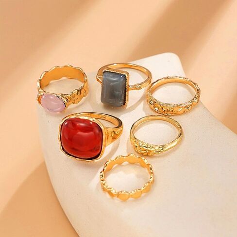 Chunky Gold Stackable Statement Finger Rings Red Gemstone Candy Crystal Knuckle Ring for Women Vintage Ellipse Midi Rings Fashion Prom Party Accessory in Saudi Arabia