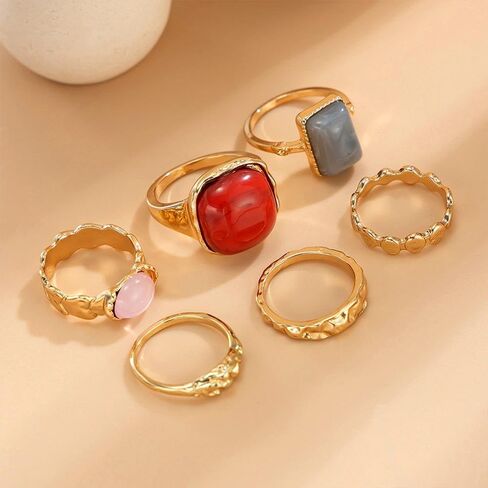 Chunky Gold Stackable Statement Finger Rings Red Gemstone Candy Crystal Knuckle Ring for Women Vintage Ellipse Midi Rings Fashion Prom Party Accessory in Saudi Arabia