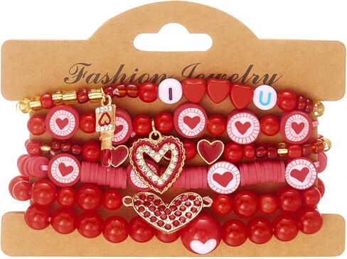 Bohemia Multilayer Crystal Glass Beaded Valentine's Day Charm Bracelets Set Colorful Red Love Heart Clay Beaded Friendship Stackable Stretch Bracelet for Women Men Valentine's Day Jewelry Gifts in Saudi Arabia