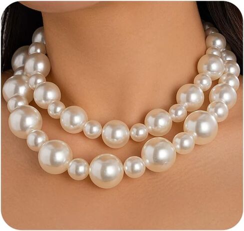 2Pcs Chunky Pearl Statement Choker Necklace,Exquisite Layered Big Bead Collarbone Necklaces,Sweet White Ball Necklace Set for Bridal Wedding in Saudi Arabia