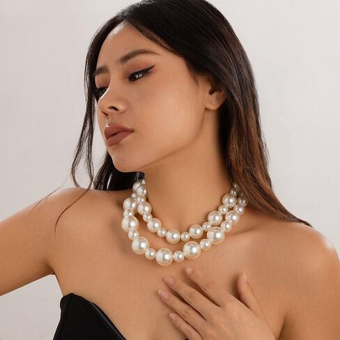 2Pcs Chunky Pearl Statement Choker Necklace,Exquisite Layered Big Bead Collarbone Necklaces,Sweet White Ball Necklace Set for Bridal Wedding in Saudi Arabia