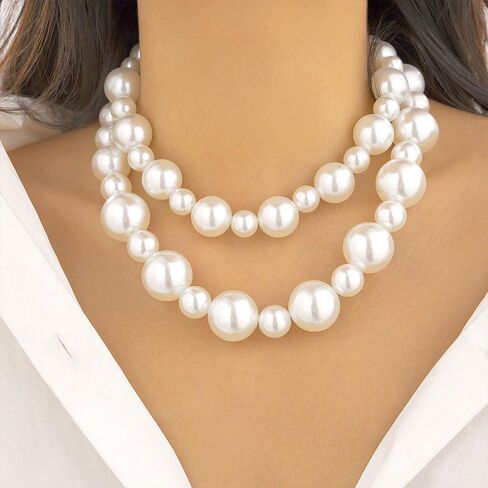 2Pcs Chunky Pearl Statement Choker Necklace,Exquisite Layered Big Bead Collarbone Necklaces,Sweet White Ball Necklace Set for Bridal Wedding in Saudi Arabia