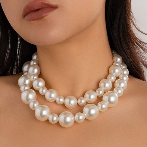 2Pcs Chunky Pearl Statement Choker Necklace,Exquisite Layered Big Bead Collarbone Necklaces,Sweet White Ball Necklace Set for Bridal Wedding in Saudi Arabia