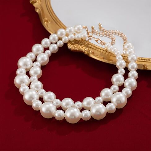 2Pcs Chunky Pearl Statement Choker Necklace,Exquisite Layered Big Bead Collarbone Necklaces,Sweet White Ball Necklace Set for Bridal Wedding in Saudi Arabia