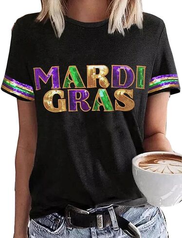 Mardi Gras Shirt for Women Glitter Mask Graphic Tee Short Sleeve Carnival New Orleans Party Tee Top in Saudi Arabia