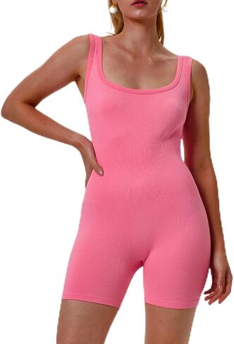 Women Yoga Romper Seamless Ribbed Square Neck Sleeveless Bodycon Jumpsuit One-Piece Workout Rompers Tank Top Outfits in Saudi Arabia