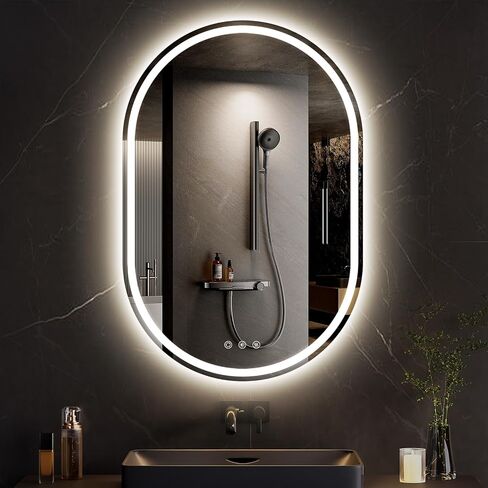 مرآة LED للحمام مقاس 24 × 36 بوصة، مرآة زينة بيضاوية LED للحمام مزودة بأضواء، مضادة للضباب، قابلة للتعتيم، 3 ألوان in Kuwait