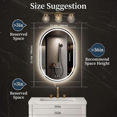 مرآة LED للحمام مقاس 24 × 36 بوصة، مرآة زينة بيضاوية LED للحمام مزودة بأضواء، مضادة للضباب، قابلة للتعتيم، 3 ألوان in Kuwait