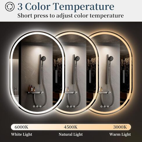 مرآة LED للحمام مقاس 24 × 36 بوصة، مرآة زينة بيضاوية LED للحمام مزودة بأضواء، مضادة للضباب، قابلة للتعتيم، 3 ألوان in Kuwait