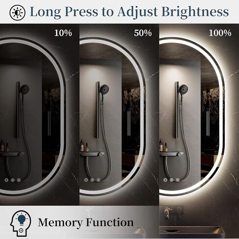 مرآة LED للحمام مقاس 24 × 36 بوصة، مرآة زينة بيضاوية LED للحمام مزودة بأضواء، مضادة للضباب، قابلة للتعتيم، 3 ألوان in Kuwait
