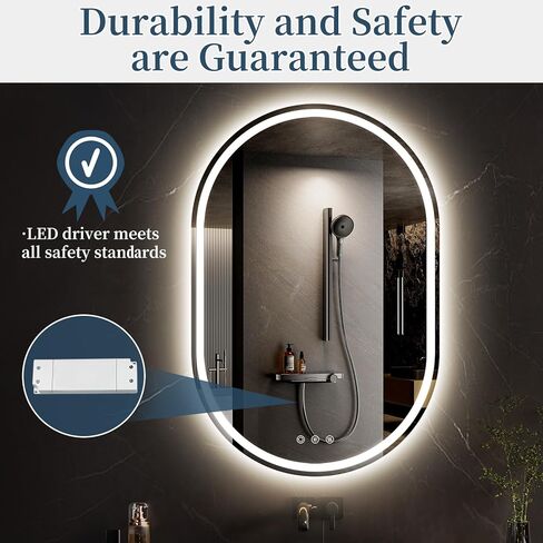 مرآة LED للحمام مقاس 24 × 36 بوصة، مرآة زينة بيضاوية LED للحمام مزودة بأضواء، مضادة للضباب، قابلة للتعتيم، 3 ألوان in Kuwait