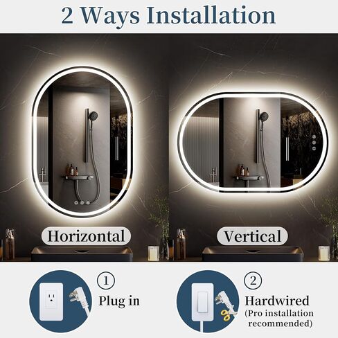مرآة LED للحمام مقاس 24 × 36 بوصة، مرآة زينة بيضاوية LED للحمام مزودة بأضواء، مضادة للضباب، قابلة للتعتيم، 3 ألوان in Kuwait