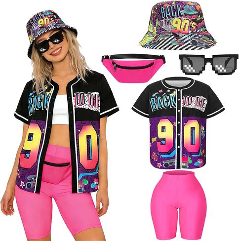 80s 90s الزي للنساء الهيب هوب زي مجموعة البيسبول جيرسي اليوغا السراويل مع حقيبة صياد قبعة لحزب 90s in Kuwait