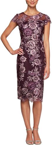 Alex Evenings Women's Short Floral Embroidered Cocktail Sheath Dress, Wedding Guest, Formal Gown (Petite and Regular Sizes), Plum, 8 in Saudi Arabia