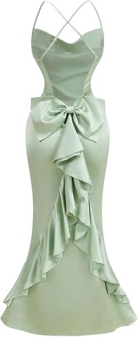 Floerns Women's Satin Bow Cocktail Maxi Dress Cowl Neck Ruffle Trim Wedding Guest Dresses in Kuwait
