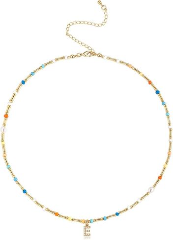 Initial Necklace for Women Trendy Colorful Beaded Choker Necklace 14k Gold Plated Letter Pendant Gold Jewelry in Saudi Arabia