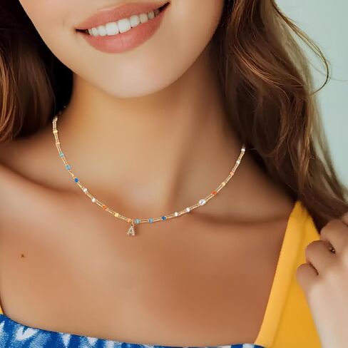 Initial Necklace for Women Trendy Colorful Beaded Choker Necklace 14k Gold Plated Letter Pendant Gold Jewelry in Saudi Arabia