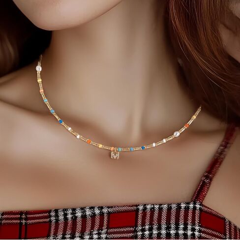 Initial Necklace for Women Trendy Colorful Beaded Choker Necklace 14k Gold Plated Letter Pendant Gold Jewelry in Saudi Arabia