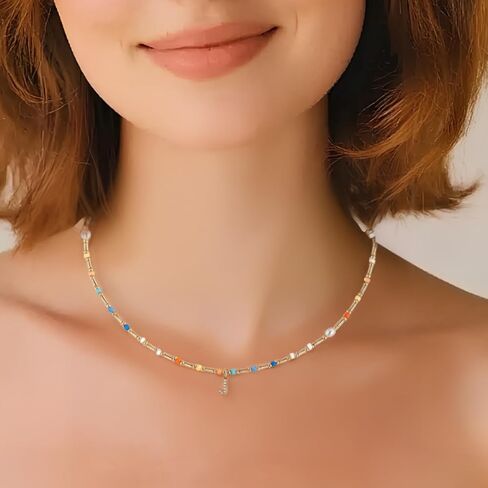 Initial Necklace for Women Trendy Colorful Beaded Choker Necklace 14k Gold Plated Letter Pendant Gold Jewelry in Saudi Arabia