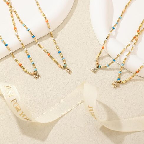 Initial Necklace for Women Trendy Colorful Beaded Choker Necklace 14k Gold Plated Letter Pendant Gold Jewelry in Saudi Arabia