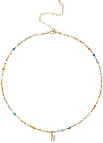 Initial Necklace for Women Trendy Colorful Beaded Choker Necklace 14k Gold Plated Letter Pendant Gold Jewelry in Saudi Arabia