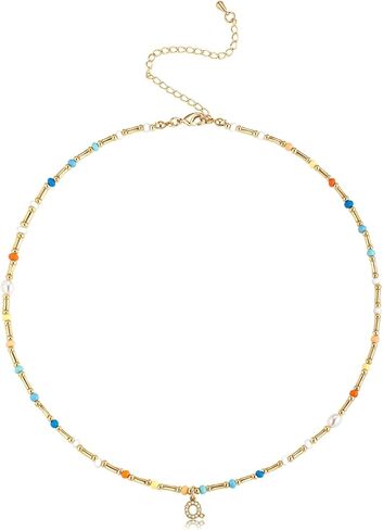Initial Necklace for Women Trendy Colorful Beaded Choker Necklace 14k Gold Plated Letter Pendant Gold Jewelry in Saudi Arabia