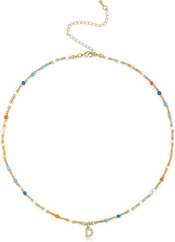 Initial Necklace for Women Trendy Colorful Beaded Choker Necklace 14k Gold Plated Letter Pendant Gold Jewelry in Saudi Arabia