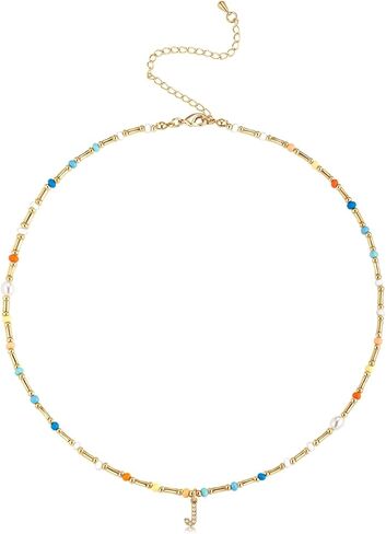 Initial Necklace for Women Trendy Colorful Beaded Choker Necklace 14k Gold Plated Letter Pendant Gold Jewelry in Saudi Arabia