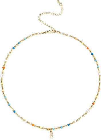 Initial Necklace for Women Trendy Colorful Beaded Choker Necklace 14k Gold Plated Letter Pendant Gold Jewelry in Saudi Arabia