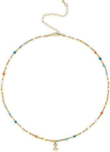 Initial Necklace for Women Trendy Colorful Beaded Choker Necklace 14k Gold Plated Letter Pendant Gold Jewelry in Saudi Arabia