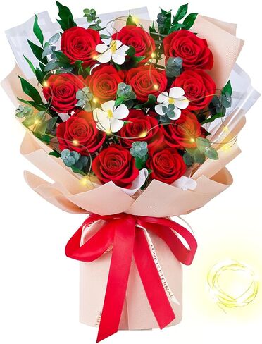 Mosstory Flower Bouquet 12-Piece Red Preserved Roses Bouquet with Led Lights Gift for Women Wife Mother Day Wedding Anniversary Birthday (Black) in Kuwait